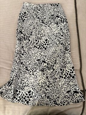satin black & ivory Animal Print Midi Skirt